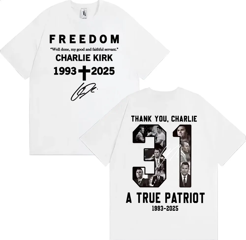 شكرا لك تشارلي كيرك تي شيرت الحرية الوطنية الحقيقية مزدوجة الوجهين طباعة تي شيرت الرجال النساء عادية القطن قصير الأكمام تي شيرت #1