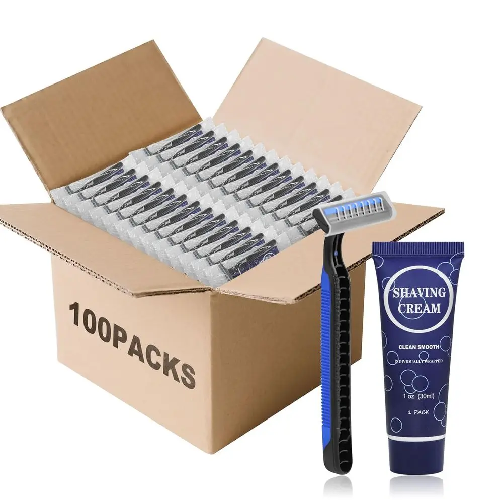 

Bulk Pack of 100 Disposable Twin-Blade Shaving Sets with Mini Cream for Travel and Home Use