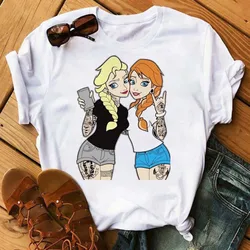 Kawaii Disney Princess Graphic Cartoon Fun Print Cotton T-shirt Men Women's Cute Fashion Summer Y2K Casual Loose Streetwear Top