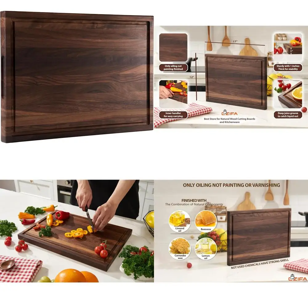 

Толстая деревянная кухонная разделочная доска 17x12x1 дюймов с канавкой для сока и внутренними ручками, идеально подходит для подарков