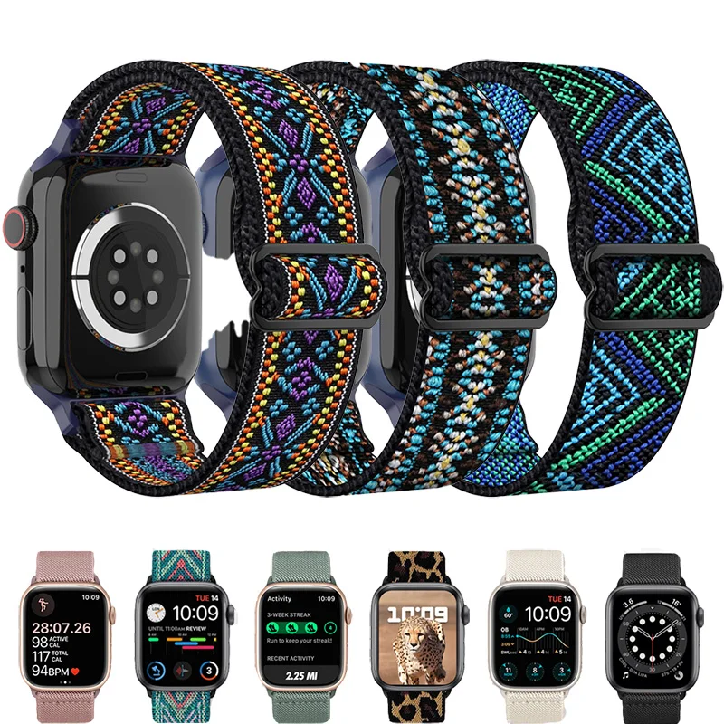 Apple için naylon döngü kayışı izle 10 bant 46mm 42mm 45mm 44mm 41mm 40mm ayarlanabilir elastik bilezik iWatch serisi Ultra 9 8 SE 7