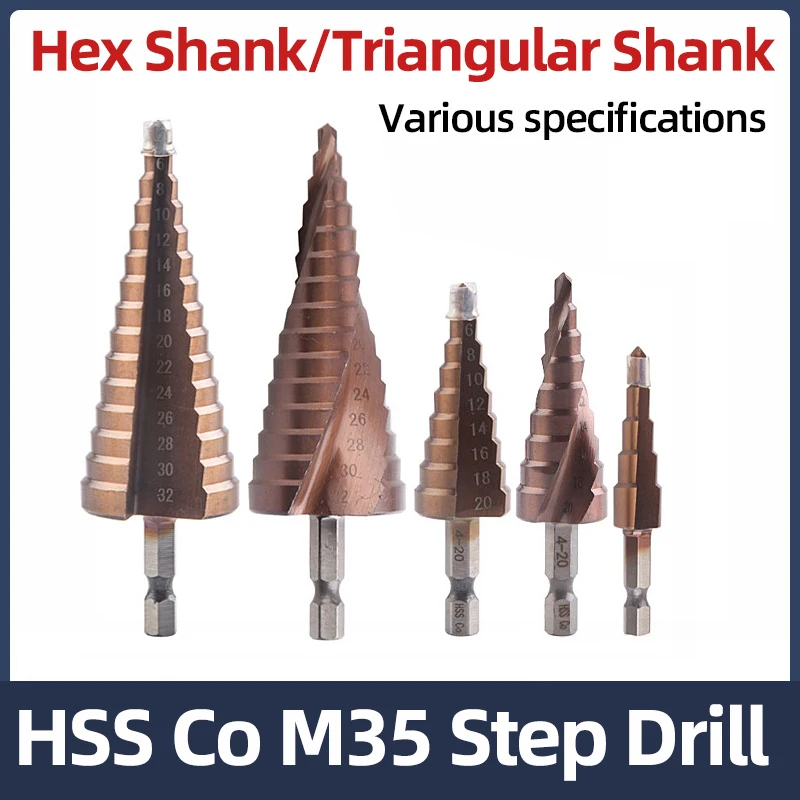 M35 Cobalt Step Drill Bit Spiral Groove Hex/Triangular Shank HSSCO Conical Drill Metal Perforator Hole Cutter Tool