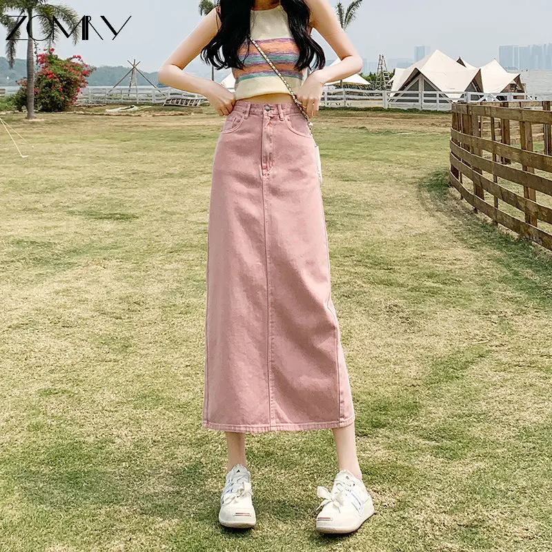 

ZOMRY New High Waist Straight Denim Skirt Women Vintage Split Fork Causal Elegant Versatile Pink Academic Style Jeans Skirt