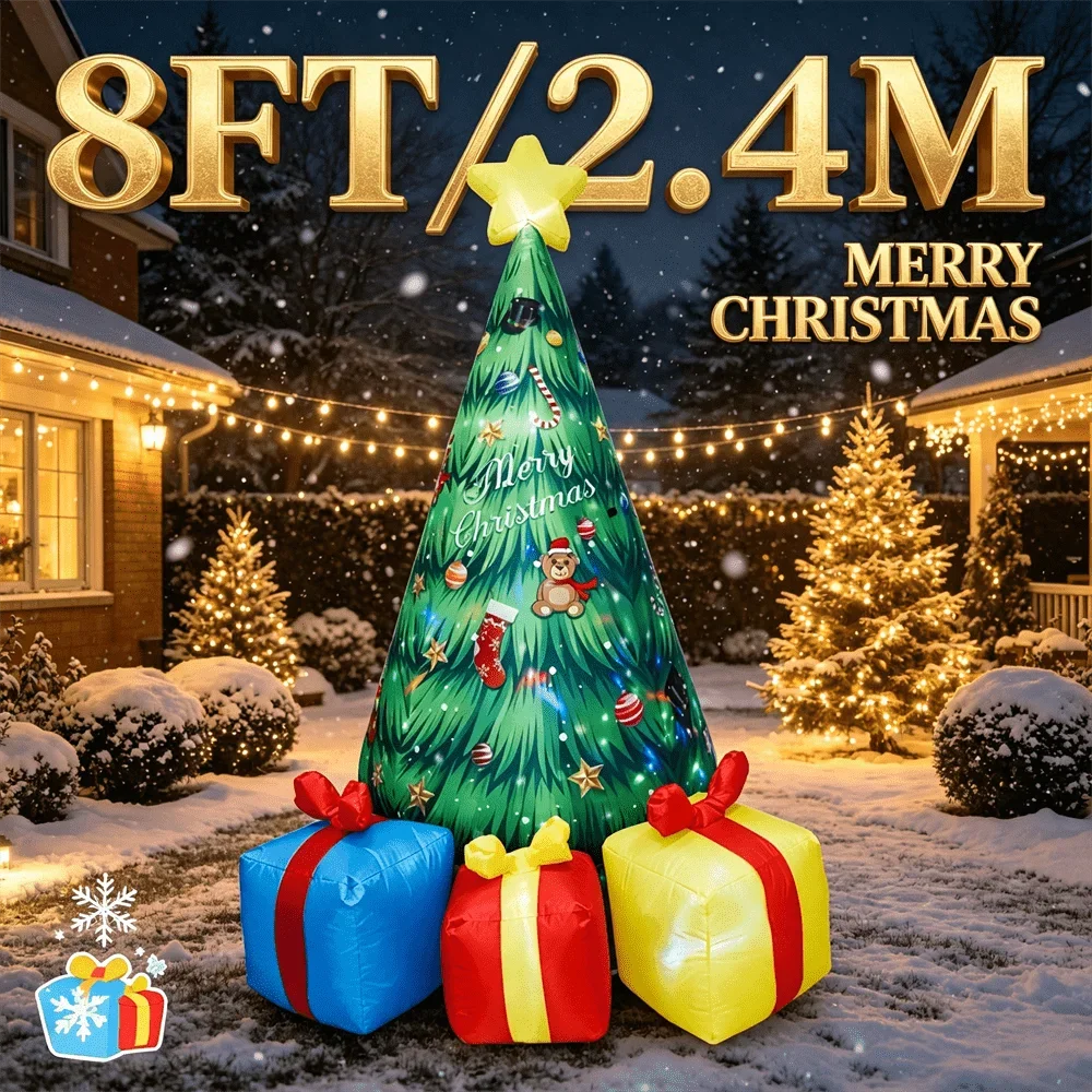8FT/2.4M Christmas Inflatable Tree with Star Topper Gift Boxes Build-in LED Light Outdoor Yard Xmas Courtyard Decorations