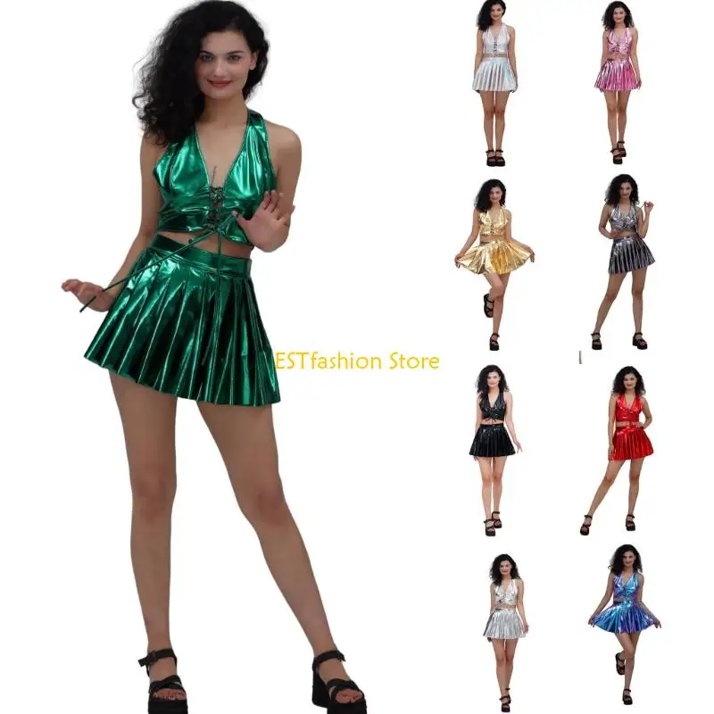 Y5GC Faux Leather Shines Metallic Short Skirt for Women Pleated Mini Skirt Casual Fashion Flared Pleated A-Line Skater Skirt