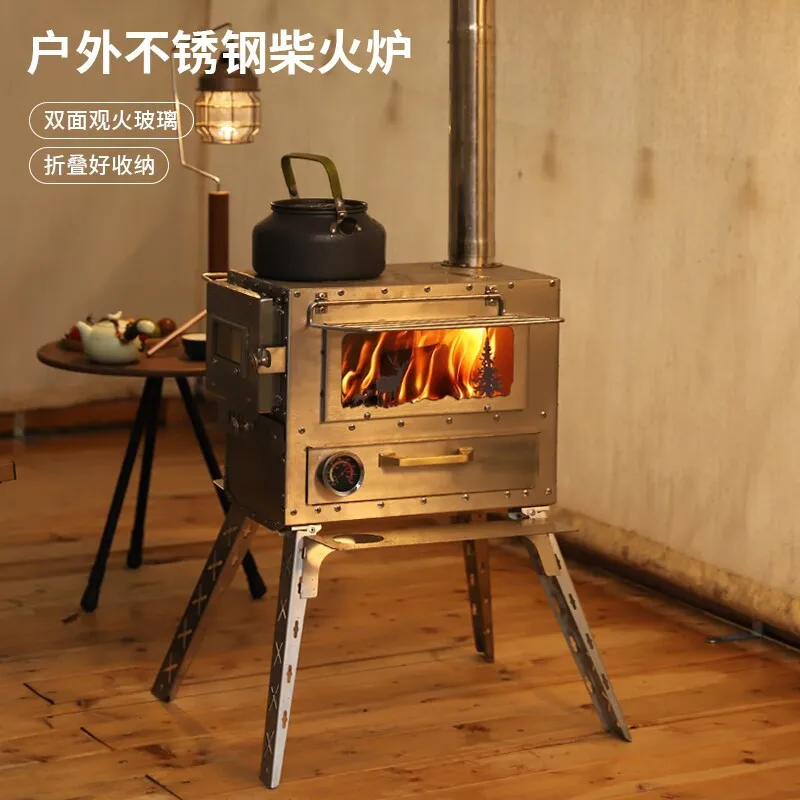 Folding Stainless Steel Tent Wood Stove, Portable Camping Stove with Glass Window