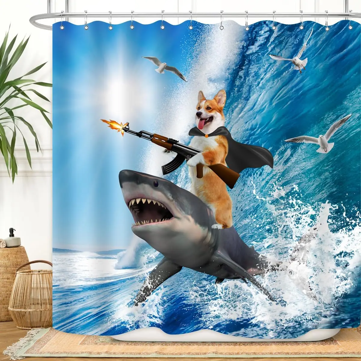 Corgi Shark Ride Shower Curtain Funny Animal Print Ocean Scene Dog With Rifle Wildlife Art Waterproof Bathroom Decor HomeFashion