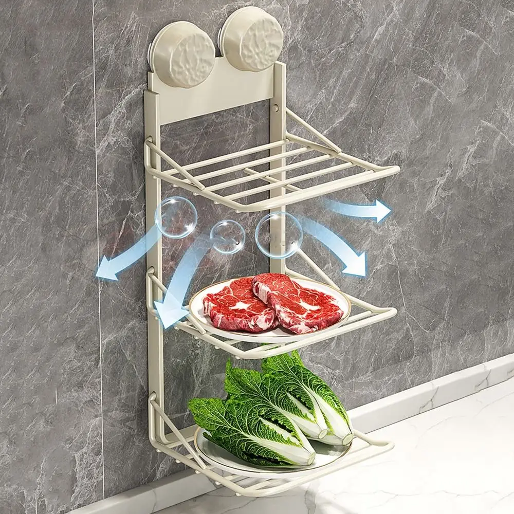 Carbon Steel Suction Cup 3 Layers Storage Tray Punch-Free Foldable Food Preparation Tray Removable Wall Mounted