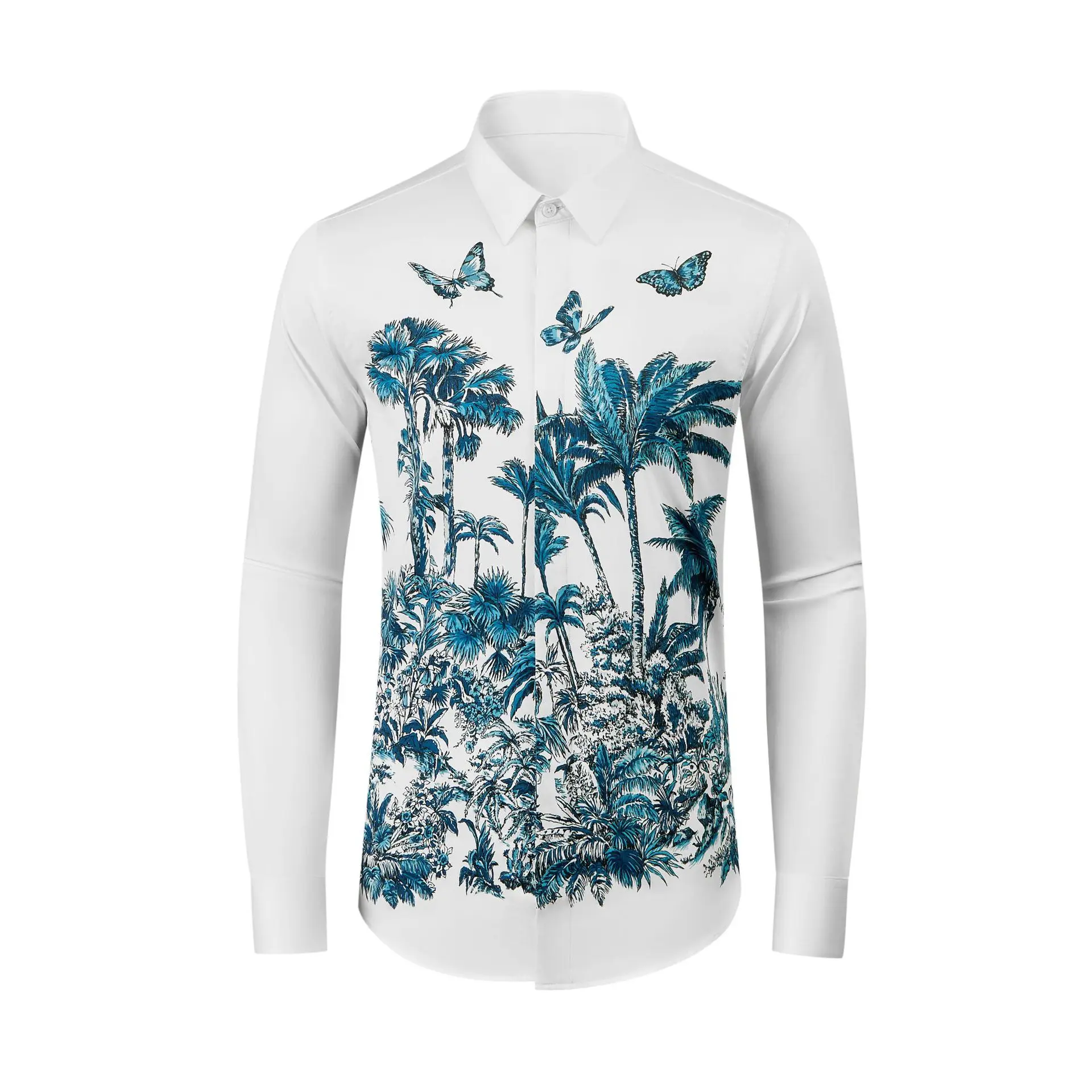 Vacation style coconut tree butterfly print refreshing and versatile slimming men's shirt cotton spinning elastic top