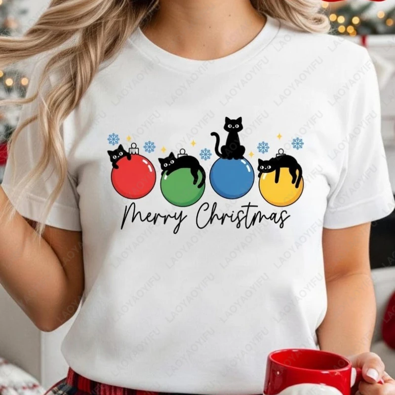 Christmas Meowy Santa Hat Cat Casual Tees Happy Holiday Black Kitty Men Women Cotton Tops Casual Popular Kawaii Harajuku Tshirt