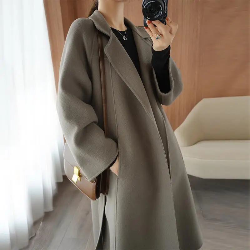 

Women's Grey Wool COAT Office Lady Loose Lacing Mid Length Double Sided Cashmere Coat Wool Coat Women Winter Coat Jacket Women