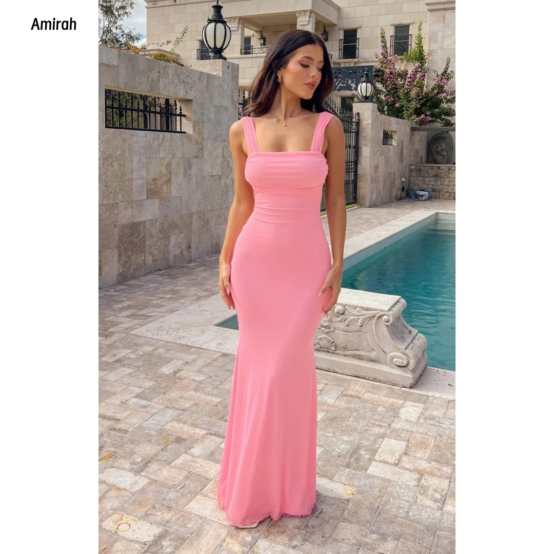 Amirah تنورة ذيل السمكة ثوب حفلة بياقة مربعة وحزام كتف فساتين نسائية أنيقة لحفلات الزفاف مصنوعة حسب الطلب للحفلات الراقصة