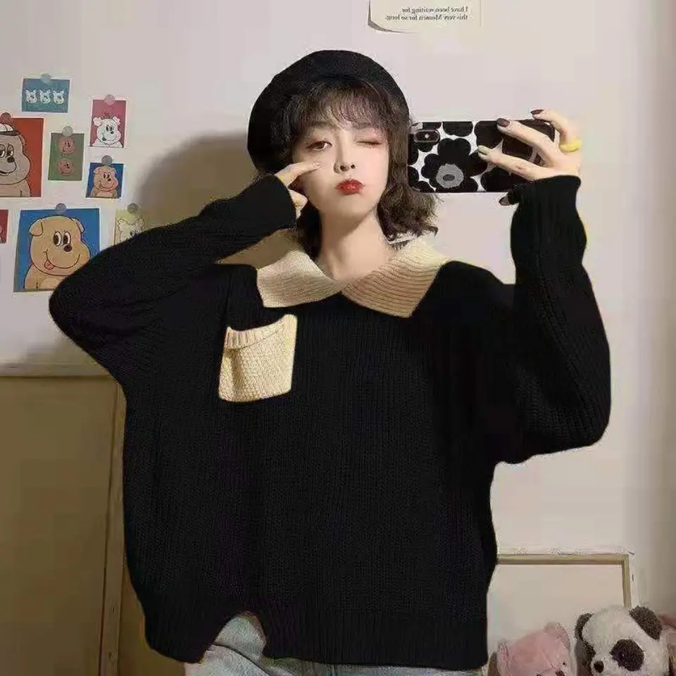 Autumn and winter Korean style tops for students with contrasting colors POLO collar loose ins long-sleeved sweater for women
