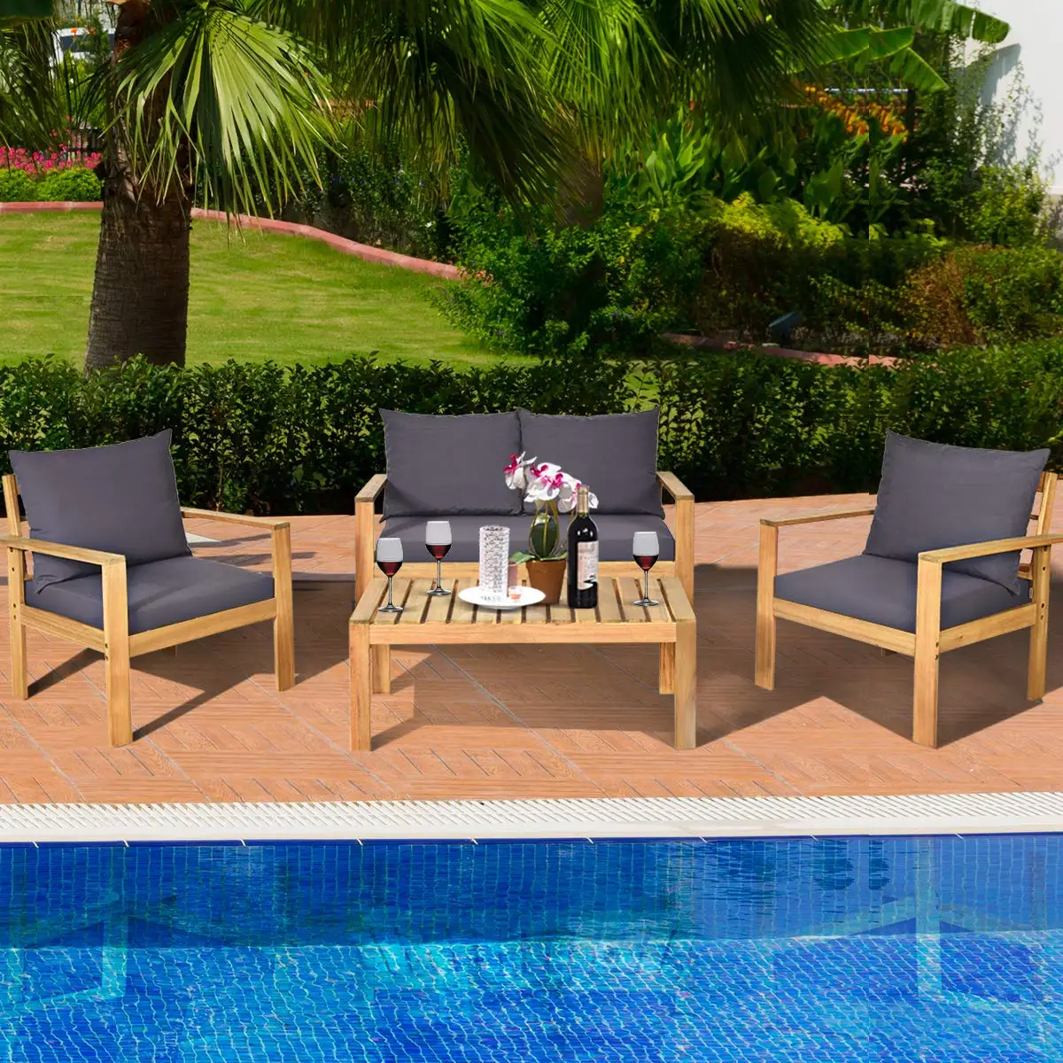 Conjunto de Sofá y Mesa para Exteriores de 4 Plazas con Cubierta Impermeable, Gris, Personalizado