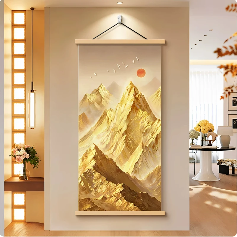 Wall Art Rising Sun and Golden Mountain Peaks Modern Luxe Pearlescent Canvas Hanging Scroll with Wooden Rods for Entryway