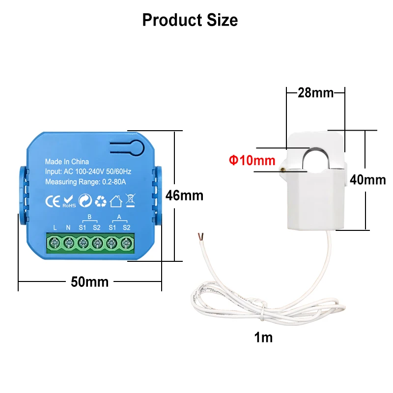 Tuya Smart Life WiFi Bidirectional Energy Meter 2 Channel with 80A Clamp App Monitor Solar Export and Import Power AC100V/240V