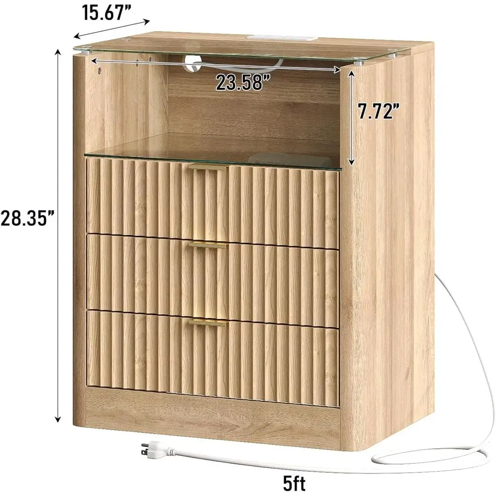 모던 오크 LED 나이트스탠드 세트 충전 스테이션 및 3개의 서랍 포함, 23인치 와이드 글래스 탑 엔드 테이블 침실, 거실 또는 사무실용