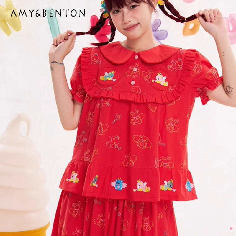 

Осенняя новая красная женская рубашка с животным принтом и тяжелой вышивкой, японский дизайн, милые универсальные рубашки с длинными рукавами, женские рубашки