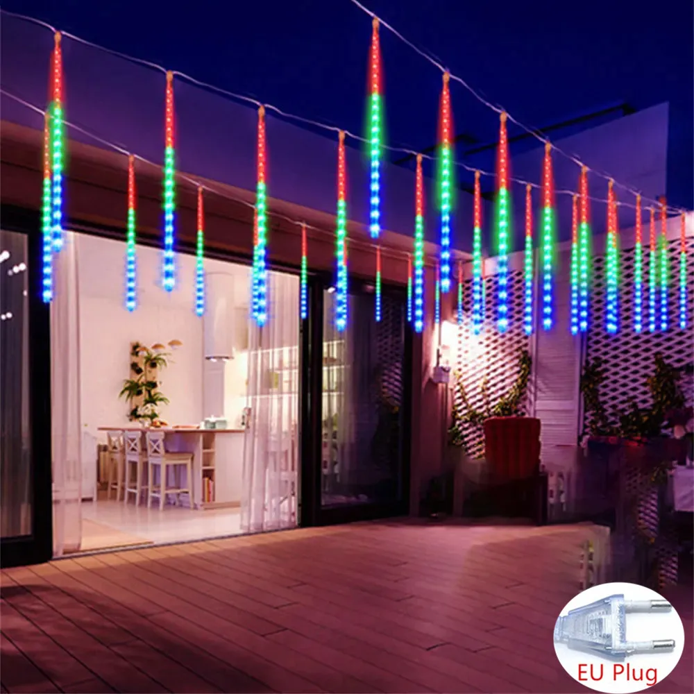 EU plug Power LED Meteor Shower Rain Lights Waterproof Falling Raindrop Fairy String Light for Holiday Party Patio Decor