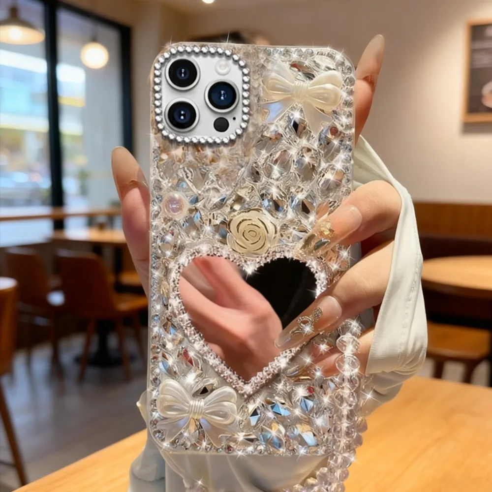 Luxuriöse Diamant-Strass-Liebes-Spiegel-Make-up-Handyhülle für iPhone 18 17 Pro Max 11 12 13 14 15 16 Pro Max mit Kristall-Lanyard – Detail 4