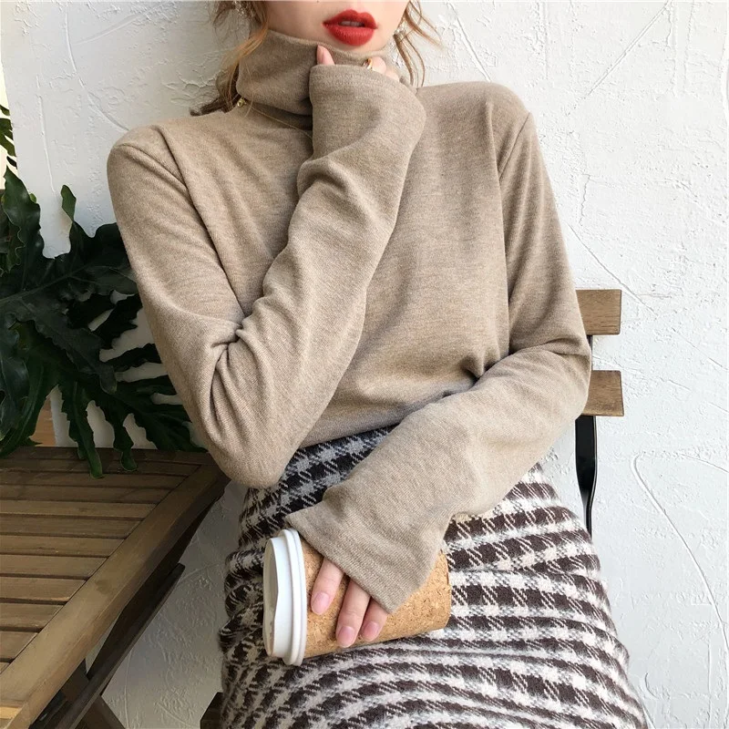 قميص داخلي نسائي كوري بياقة عالية مبطن وطويل الأكمام بقصة مستقيمة للخريف والشتاء