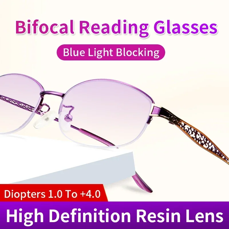 Bifocal Reading Glasses for Women designer, Blue Light Blocking Metal Half Frame Magnifier Reading Glasses Ladies on Strength