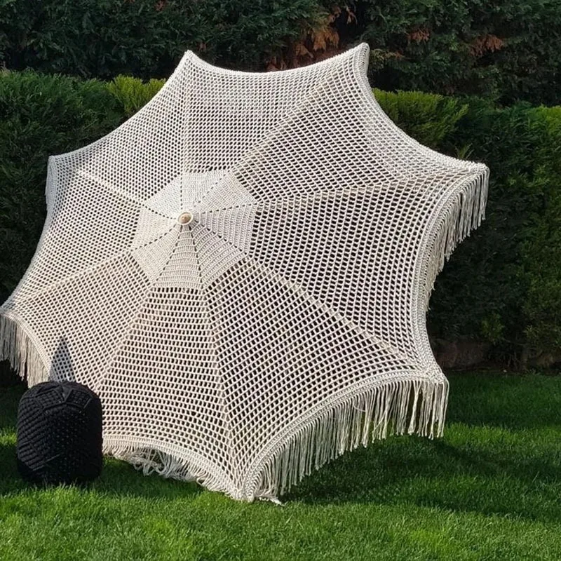 Customized Macrame Beach Umbrella With frame beige fringed beach macrame umbrella made of beech wood Boho Style Macrame Umbrella