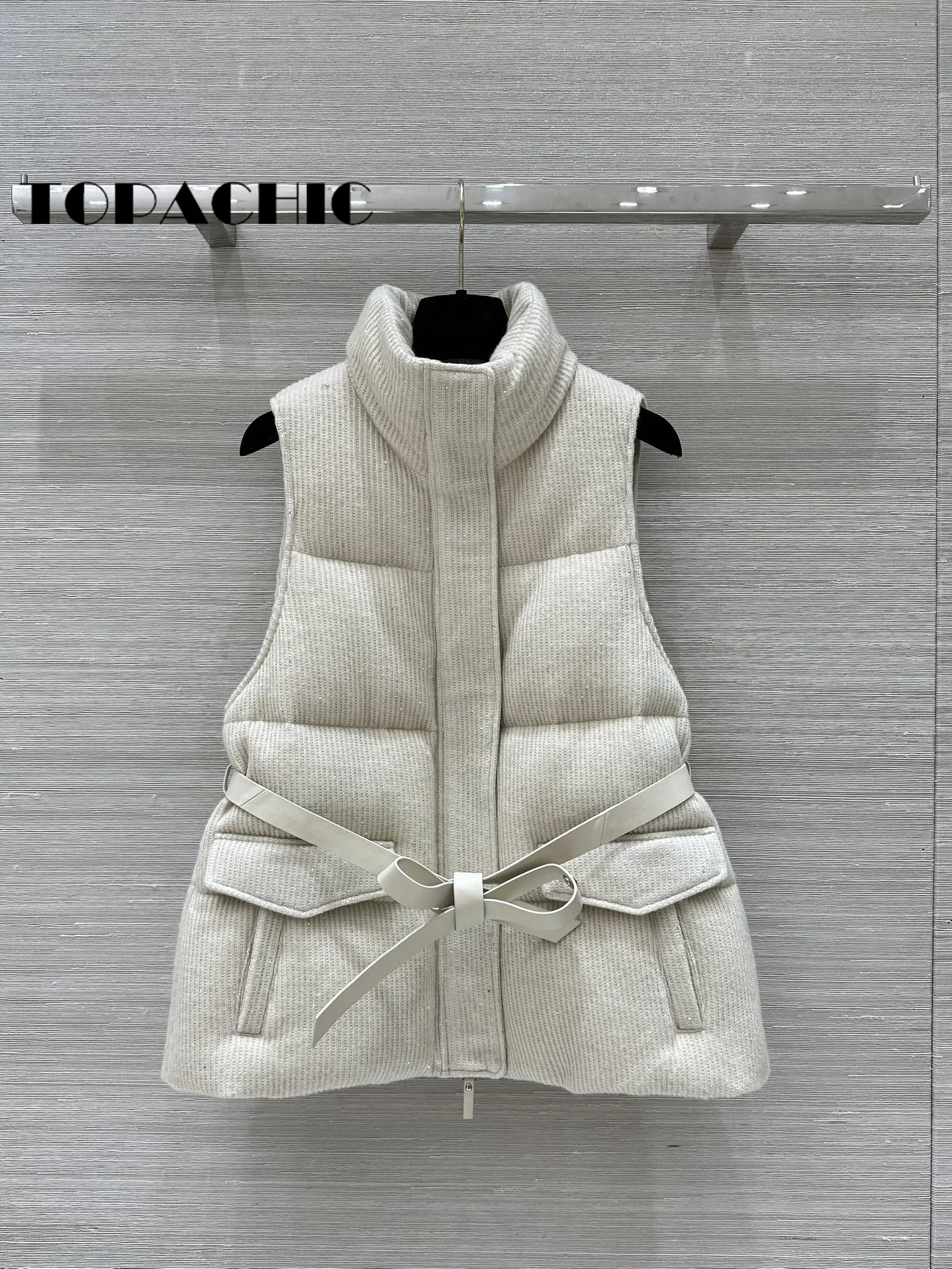 9.9 TOPACHIC-Women Wool Goose Down Vest With Real Leather Sashes  Sequins Cashmere Knit Keep Warm Down Zipper Vest Coat