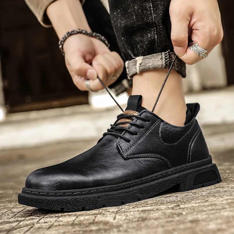 Spring Lace-up Platform Shoes for Men Leather Shoes Fashion Non-slip Wear-resistant Men Work Sneakers Low-top Men Business Shoes