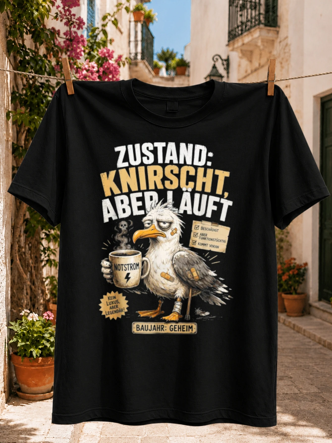 Condition Crunches but Still Runs Graphic battered cartoon seagull with bandages and steaming  Unisex All T-Shirt