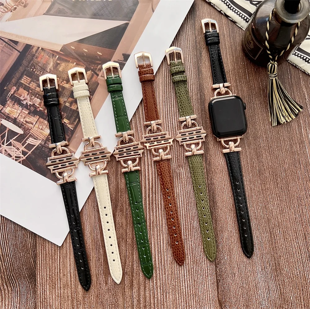 

Leather Slim Watchband For Apple Watch Band 41MM 45MM 40mm 44mm 38mm 42mm Series 7 8 SE 6 5 4 3 2 Woman Thin Correa Wrist Strap