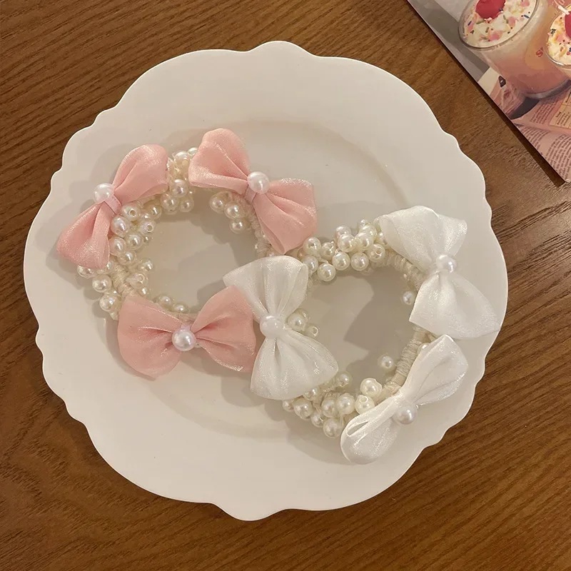 Pearl Pink Bow Hair Ring Sweet Headdress Scrunchies Children Elastic Rubber Hair Bands Women Hair Ties Kids Korean Accessories