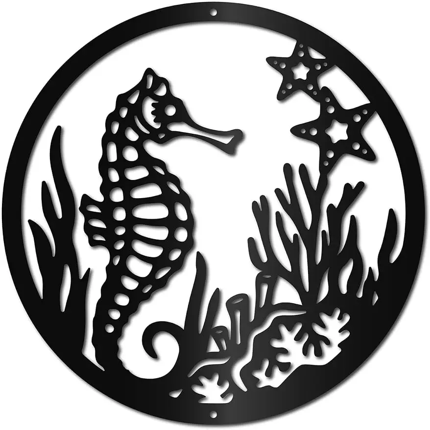 1PC Seahorse Metal Wall Decor Metal Seahorse with Coral Wall Sign Marine Life Starfish Hanging Sculpture for Beach Home Bedroom