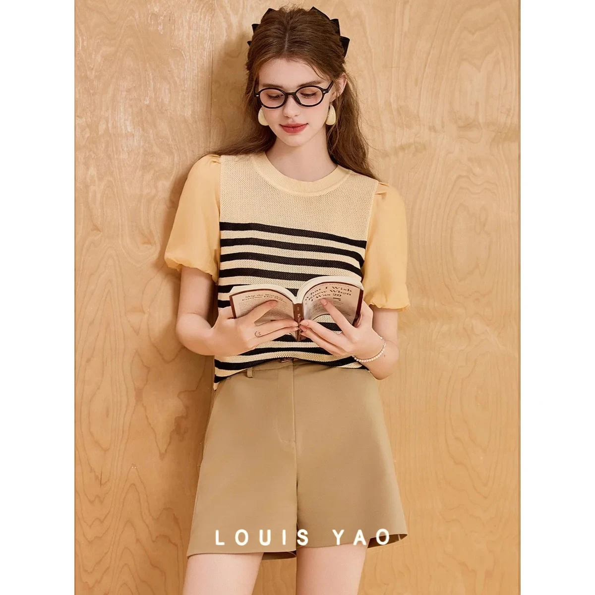 

Contrast Colour Striped Knitwear T-shirt Round Neck Patchwork Puff Sleeve Short Sleeve Women's Tops Summer New 2025