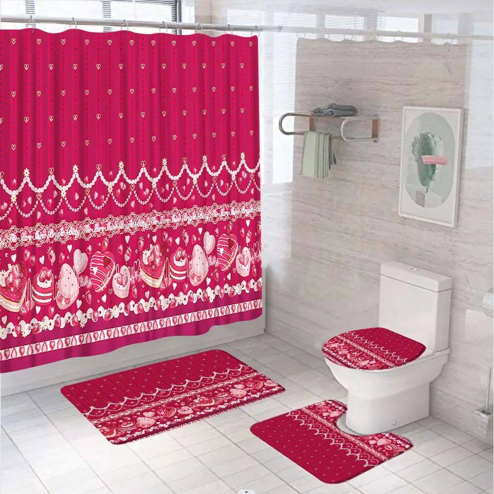 Valentine's Day Love Heart Bathroom Curtain Set Holiday Party Home Decor Shower Curtain Non-Slip Rug Flannel Carpet Toilet Cover