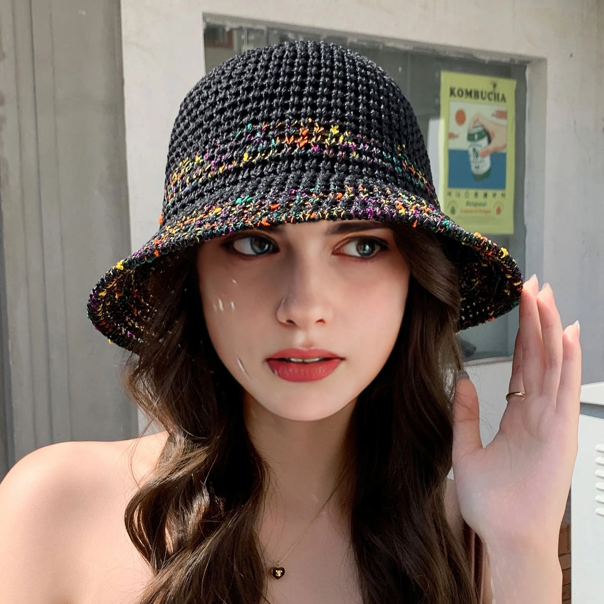 1 Women\'s Knitted Rainbow Gradient Hollow Hat Outdoor Leisure Fisherman Hat for Daily Use