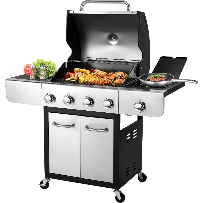 شواية غاز البروبان الخارجية ذات 4 شوايات، مخرج 40000 وحدة حرارية بريطانية من الفولاذ المقاوم للصدأ مع موقد جانبي 12000 وحدة حرارية بريطانية ومقياس حرارة و