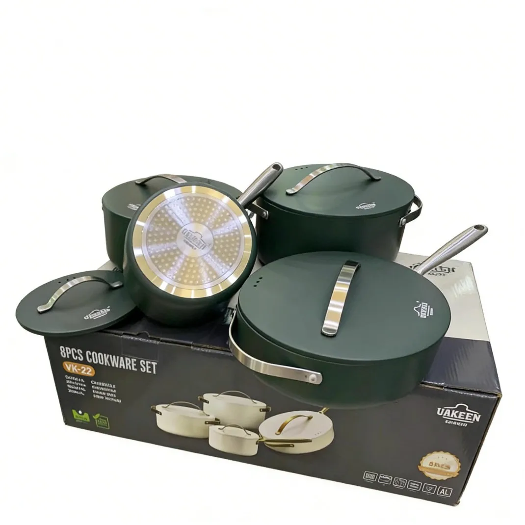 UAKEEN 8 Piece Die Cast Cookware Set Non Stick Marble Coating Casserole Saucepan Deep Fry Pan Heavy Gauge PFOA Free Durable