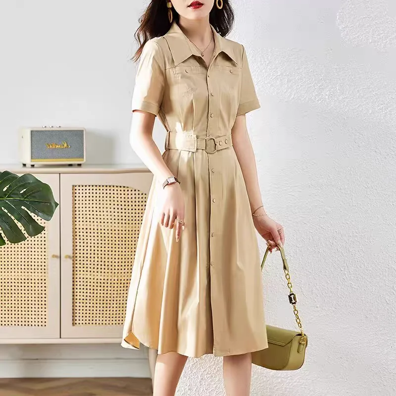 Abito camicia elegante Nuovo stile estivo Cornici piccole perfette con vita stretta e effetto snellente