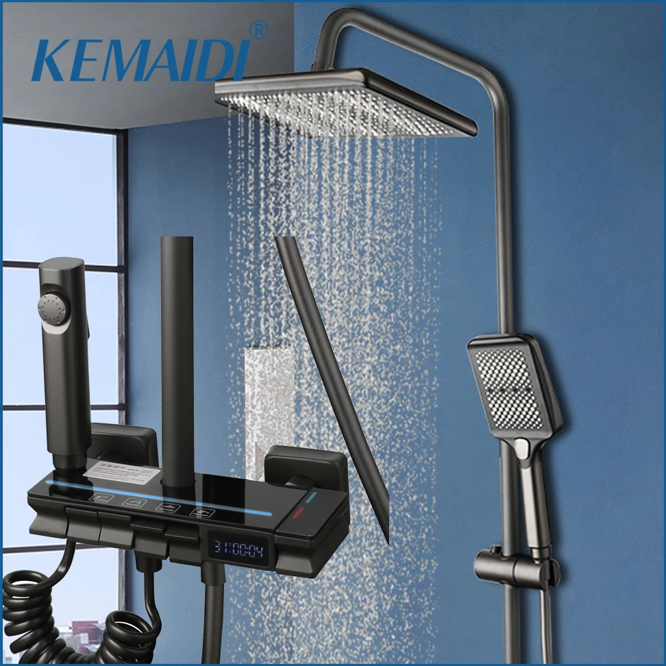 

KEMAIDI Shower System Digital Display Shower Faucet Set Wall Mount 4 Functions Rain Shower Hot Cold Mixers with Bidet Sprayers