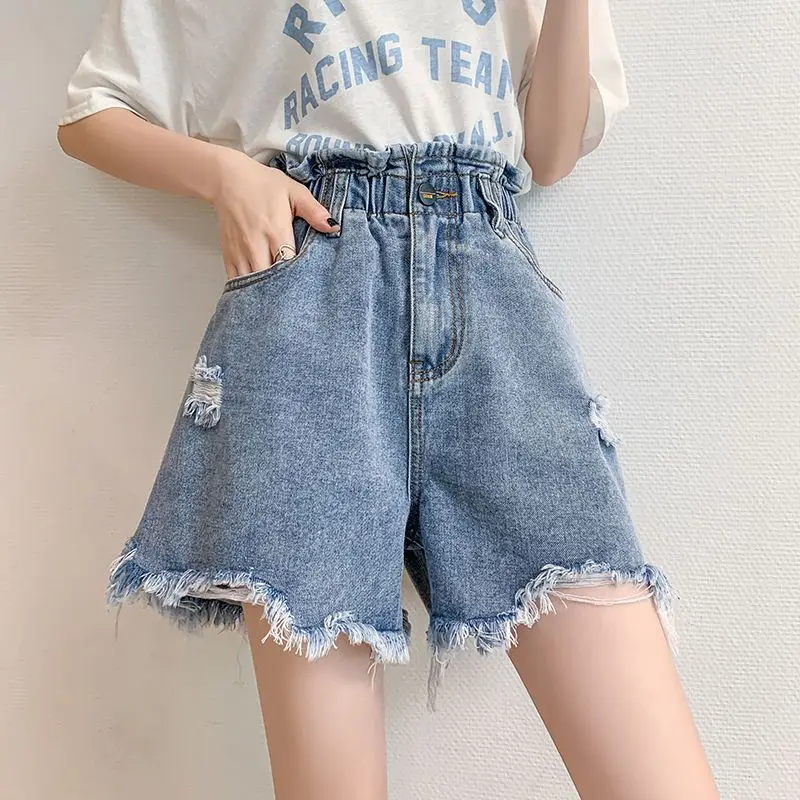Large Size Hollow Out Denim Shorts Women Summer Wide Leg Loose High Waist Student Slim Women's Pockets