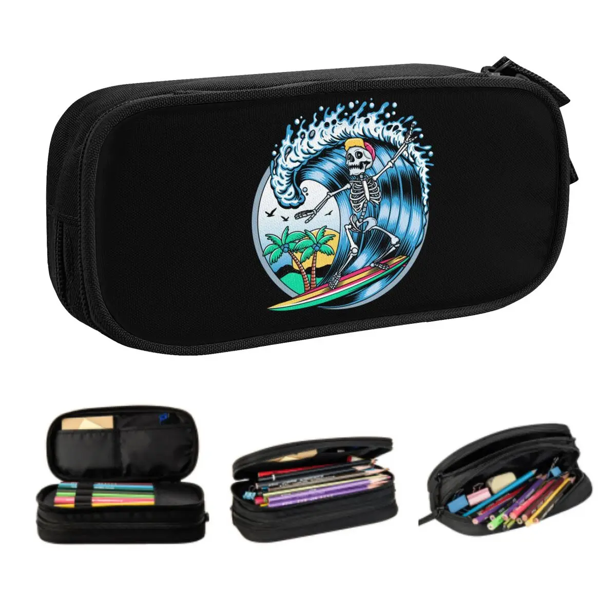 Custom Summer Surf Rider Skull Surfing Cute Pencil Cases Girls Boys Large Capacity Pencil Box Student School