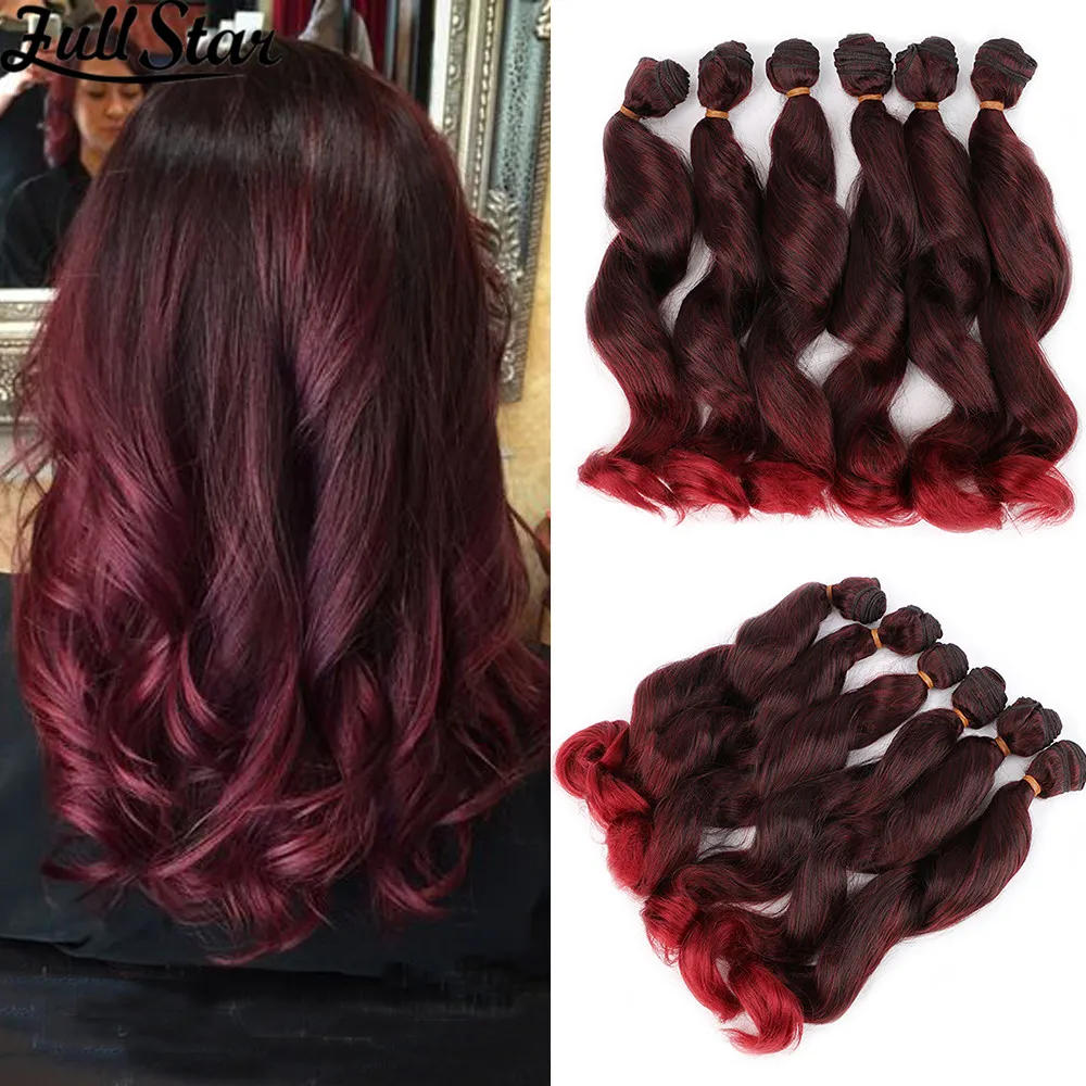 Full Star 18“Ombre Wavy Hair Loose Wave Hair Weft Synthetic Hair 6Ps/Lot Bundles Black Ombre Burgundy Color Wavy Hair Extensions