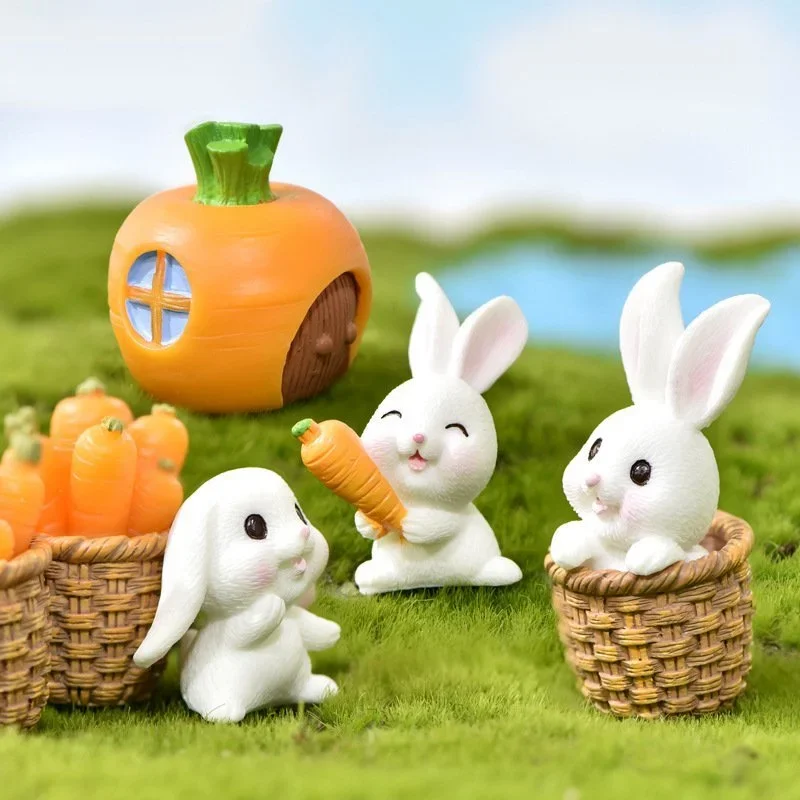 7pcs/set Bunny Cake Topper Easter Rabbit Cake Decorations Miniature Figure Carrot House Resin Landscape Craft Party Supplies