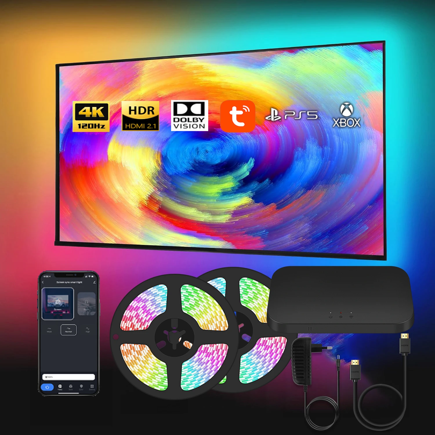 smart ambient tv led backlight hdmi 21 20 sync box kit de luzes de tira led tuya wifi alexa voice controle assistente do google 01