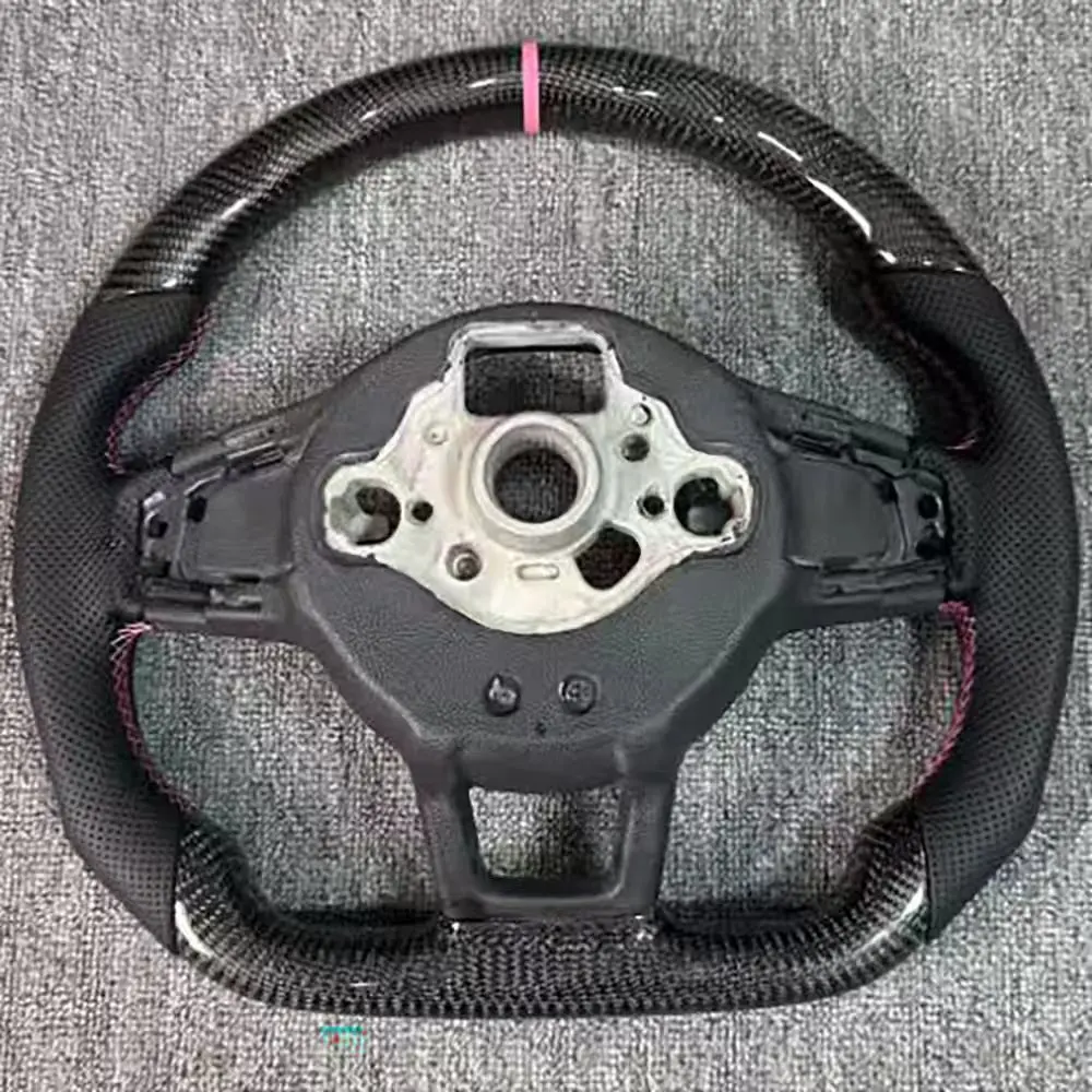 

For VW Golf MK7 R GTI with Paddle Shift Holes Real Carbon Fiber Half Perforated Leather Steering Wheel Pink /Purple Stitching