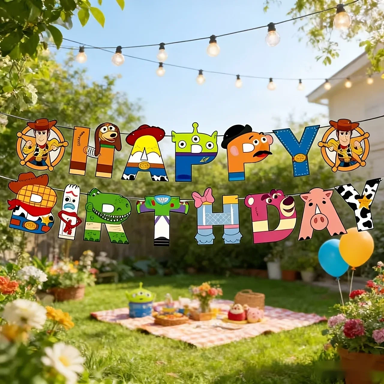 Disney Toy Story, Minnie Mouse, Stitch，Winnie The Pooh Birthday Flag Pulling, Birthday Party Decoration Banner Hanging