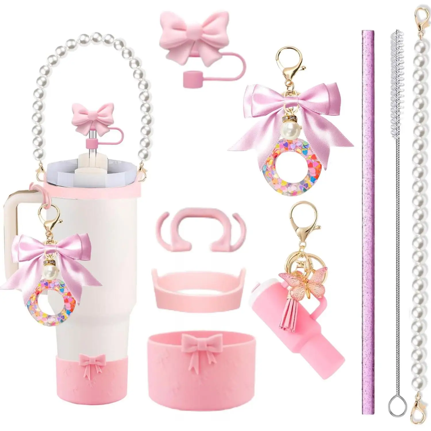 Mini Tumbler Pendants Bow Letter Keychains Straw Sets - Trendy Accessory Combo for Drinkware And Keys view 4