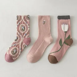Pink Socks Embroidery Flower Harajuku Retro Vintage Women Socks College Style High School Girls Japanese Kawaii Cute Long Socks