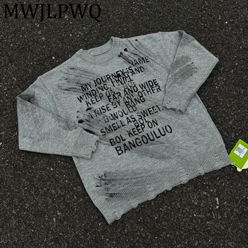 

MWJLPWQ американский жаккардовый пуловер с буквенным принтом, свитер с круглым вырезом, мужская осенне-зимняя уличная одежда, ленивый стиль, вязаные топы для пар 12206